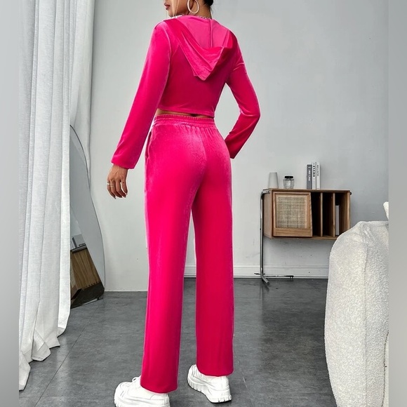 SHEIN EZwear Y2k Hot Pink Velvet Tracksuit Zip-up Hoodie & Pants Womens Size XS - Picture 3 of 14